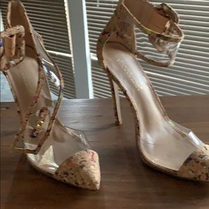 Clear and cork stilettos with ankle buckle